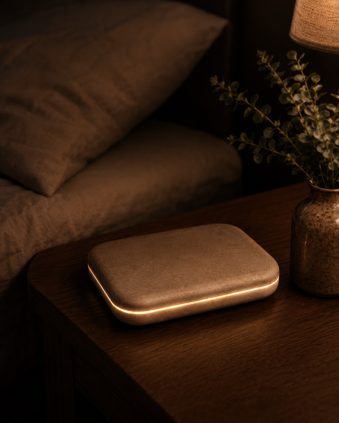 SOMNA — a bedside device with a soft matte finish and warm amber glow